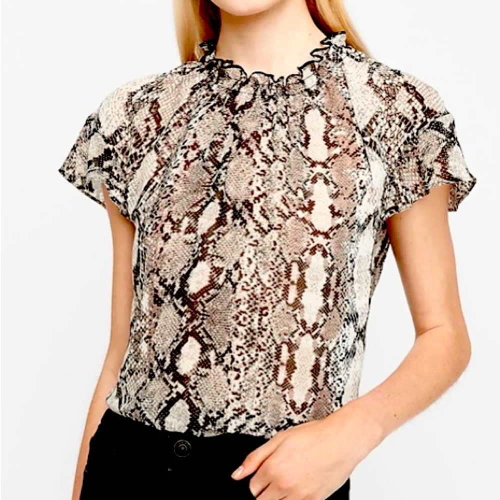 NWT Express Black & White Sheer Snakeskin Print Ruffle Mock Neck Blouse - XS